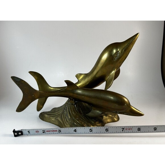 Brass Dolphins Tabletop Statue Figurine 9” Patina See Pics - Picture 7 of 7